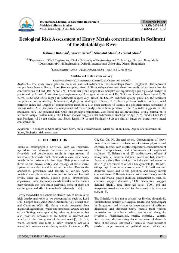 (PDF) Ecological Risk Assessment of Heavy Metals concentration in ...