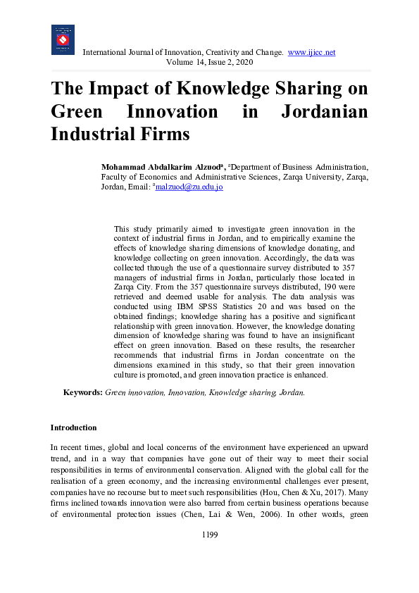 (PDF) The Impact of Knowledge Sharing on Green Innovation in Jordanian ...