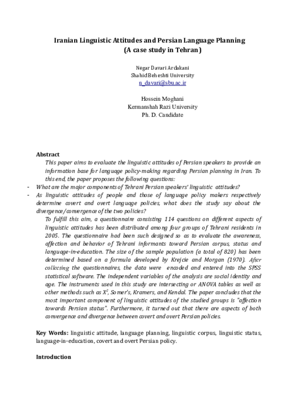 (DOC) Iranian Linguistic Attitudes and Persian Language Planning (A ...