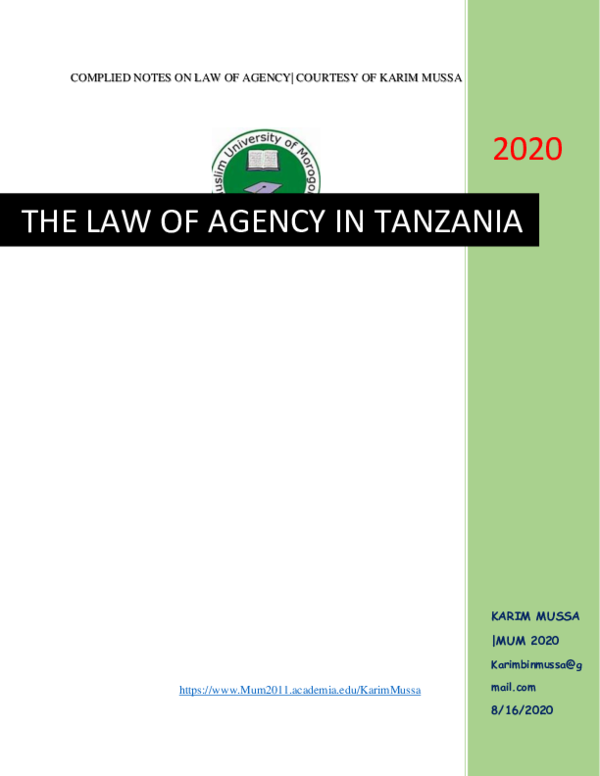 (PDF) THE LAW OF AGENCY IN TANZANIA Mr. Karim G . Mussa Academia.edu