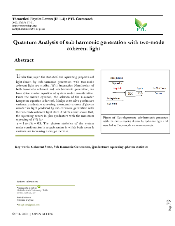 (PDF) Quantum Analysis of sub harmonic generation with two-mode ...