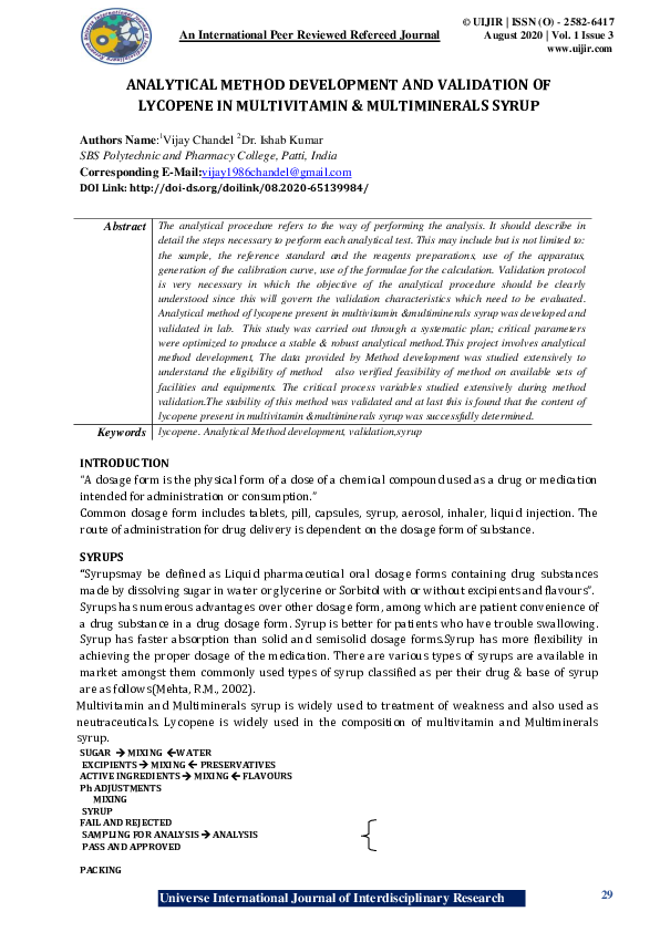 (PDF) ANALYTICAL METHOD DEVELOPMENT AND VALIDATION OF LYCOPENE IN
