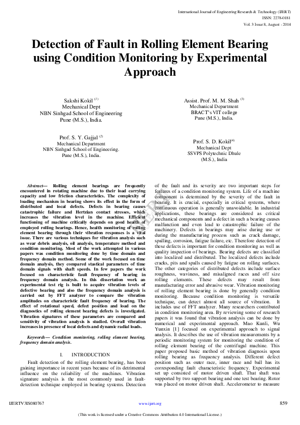(PDF) IJERTDetection of Fault in Rolling Element Bearing using