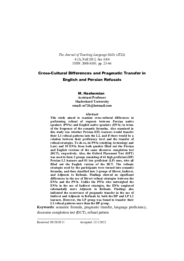 (PDF) Cross-Cultural Differences and Pragmatic Transfer in English and ...