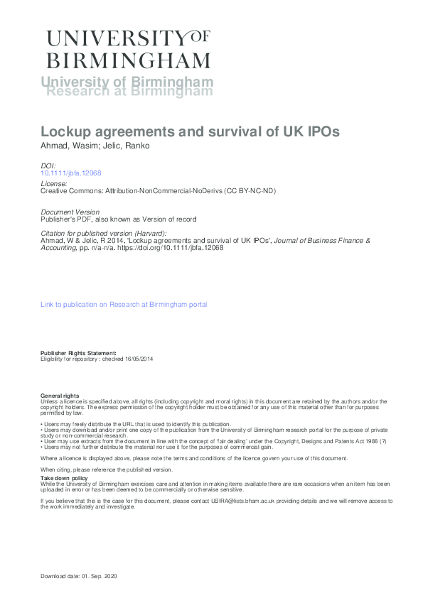 (PDF) Lockup Agreements and Survival of UK IPOs Wasim Ahmad