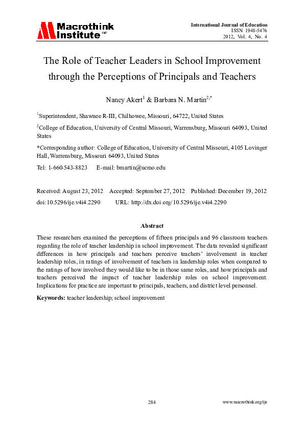 (PDF) The Role of Teacher Leaders in School Improvement through the ...