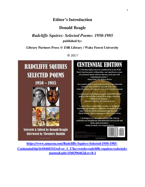 (PDF) EDITOR'S INTRODUCTION to RADCLIFFE SQUIRES: SELECTED POEMS 1950-1985