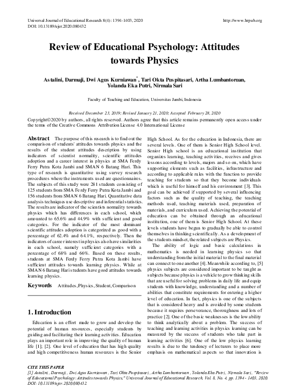 (PDF) Review of Educational Psychology: Attitudes towards Physics