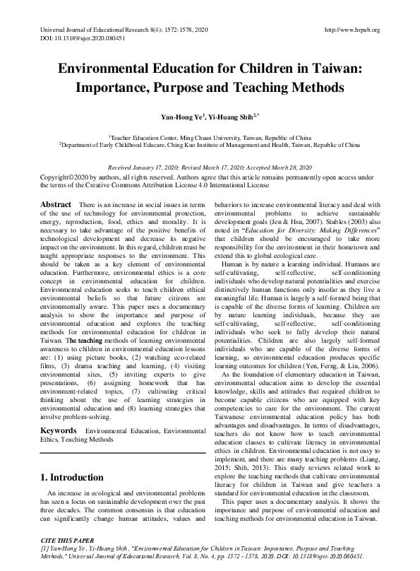 (PDF) Environmental Education for Children in Taiwan: Importance ...