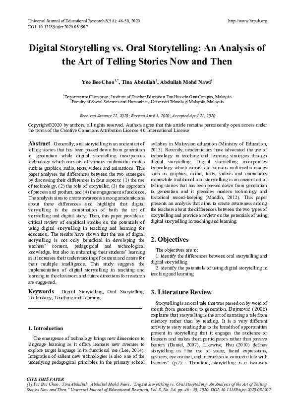 (PDF) Digital Storytelling vs. Oral Storytelling: An Analysis of the ...