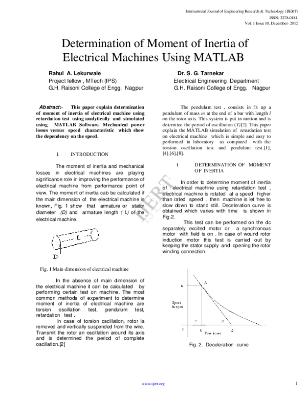 (PDF) IJERTDetermination of Moment of Inertia of Electrical Machines