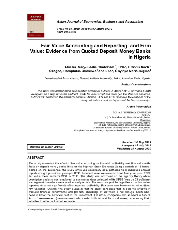 (PDF) Fair Value Accounting and Reporting, and Firm Value Evidence