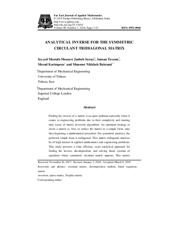  PDF ANALYTICAL INVERSE FOR THE SYMMETRIC CIRCULANT TRIDIAGONAL MATRIX
