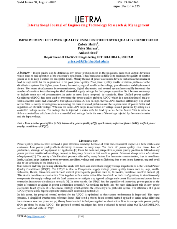 (PDF) IMPROVEMENT OF POWER QUALITY USING UNIFIED POWER QUALITY CONDITIONER