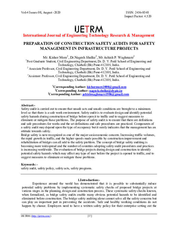(PDF) PREPARATION OF CONSTRUCTION SAFETY AUDITS FOR SAFETY MANAGEMENT ...