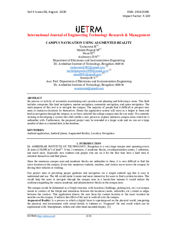 (PDF) CAMPUS NAVIGATION USING AUGMENTED REALITY Ijetrm Journal and