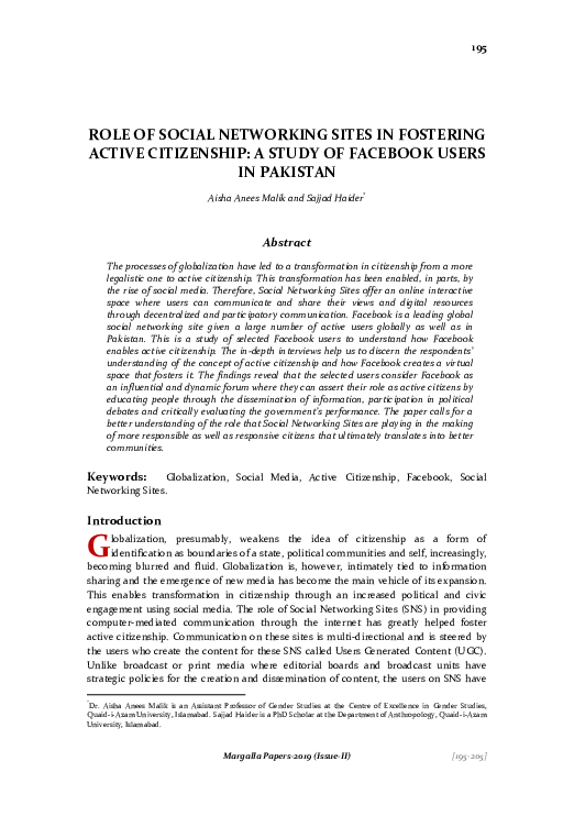 (PDF) ROLE OF SOCIAL NETWORKING SITES IN FOSTERING ACTIVE CITIZENSHIP ...