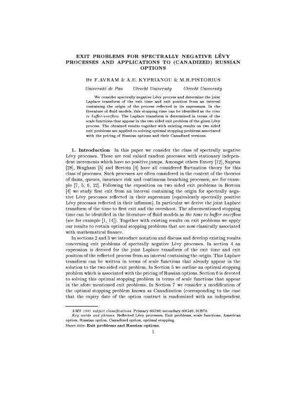 (PDF) Exit problems for spectrally negative Lévy processes and ...