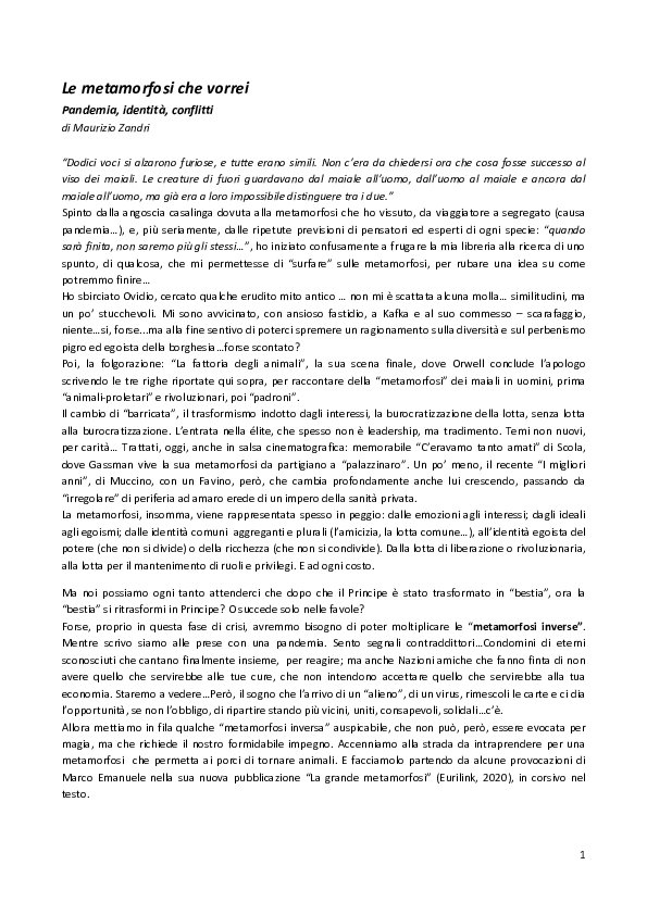 (PDF) Le metamorfosi che vorrei Pandemia, identità, conflitti Maurizio Zandri Academia.edu