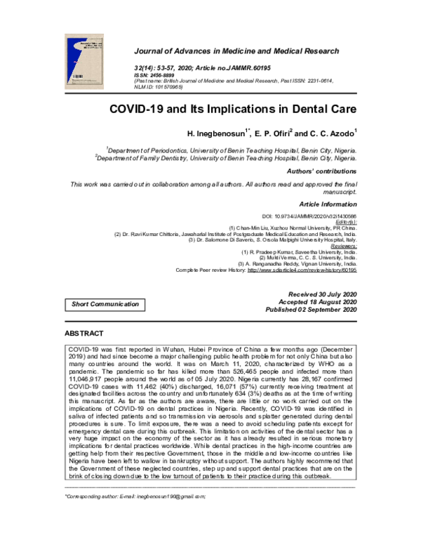 (PDF) COVID-19 and Its Implications in Dental Care