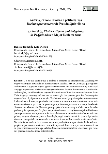 (PDF) Autoria, cânone retórico e polifonia nas Declamações maiores de
