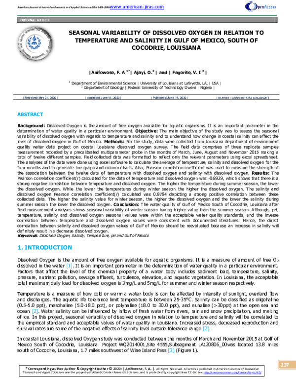 (PDF) Seasonal Variability of Dissolved Oxygen in relation to ...