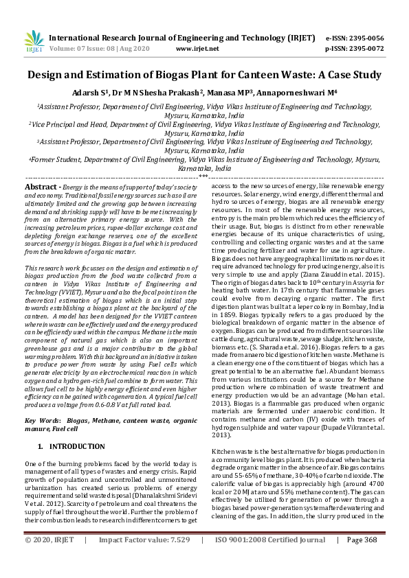 (PDF) Design and Estimation of Biogas Plant for Canteen Waste: A Case Study