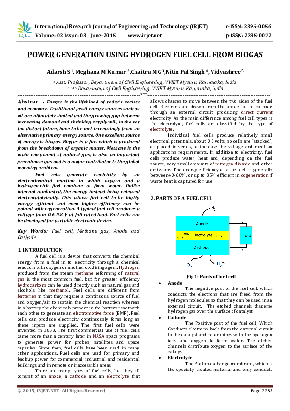 (PDF) POWER GENERATION USING HYDROGEN FUEL CELL FROM BIOGAS