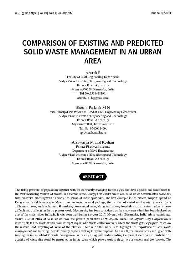 (PDF) COMPARISON OF EXISTING AND PREDICTED SOLID WASTE MANAGEMENT IN AN ...
