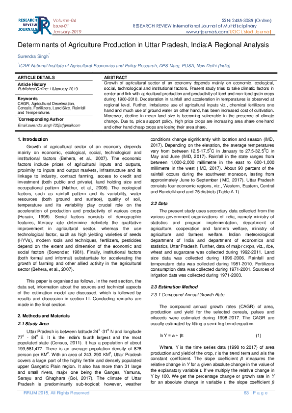 (PDF) Determinants of Agriculture Production in Uttar Pradesh, India:A ...