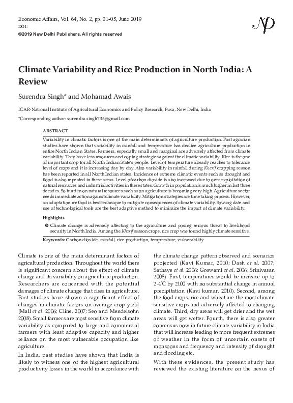 (PDF) Climate Variability and Rice Production in North India: A Review