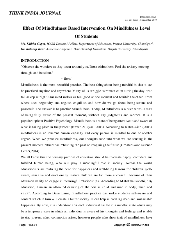 (PDF) Effect Of Mindfulness Based Intervention On Mindfulness Level Of ...