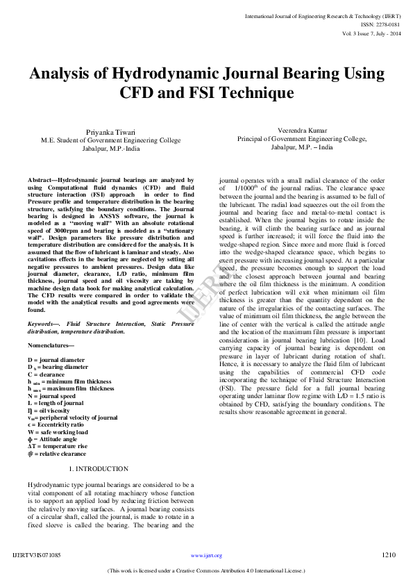 (PDF) IJERTAnalysis of Hydrodynamic Journal Bearing Using CFD and FSI