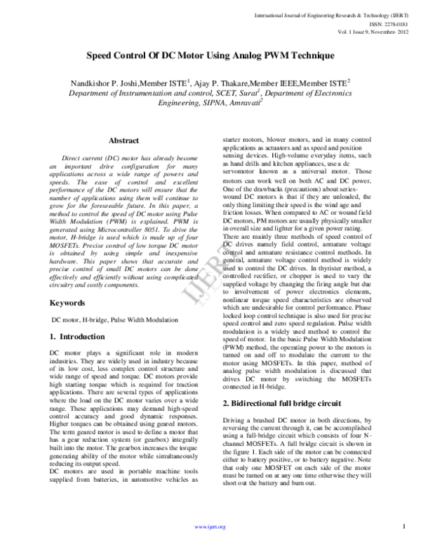 (PDF) IJERTSpeed Control Of DC Motor Using Analog PWM Technique