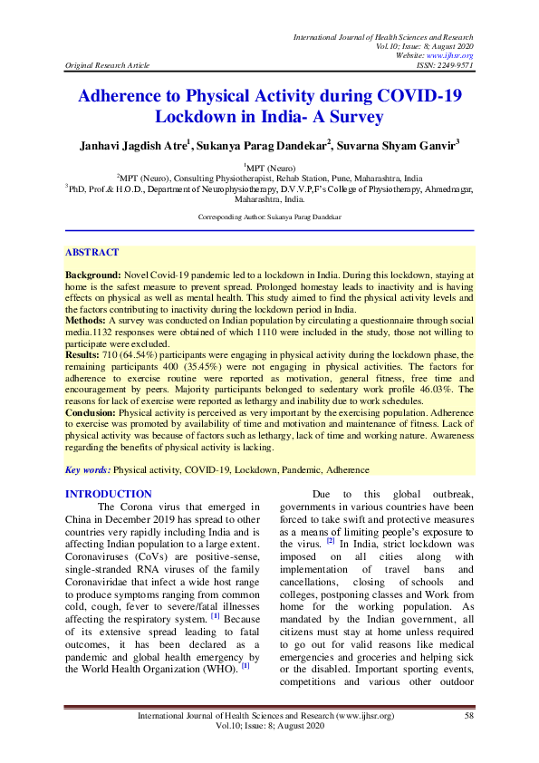 (PDF) Adherence to Physical Activity during COVID-19 Lockdown in India ...