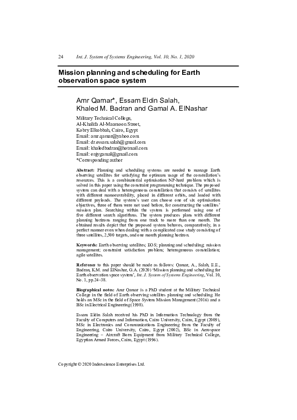(PDF) Mission planning and scheduling for Earth observation space system