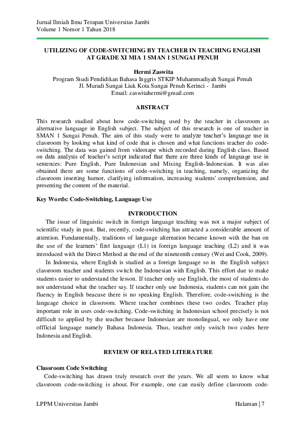 (PDF) UTILIZING OF CODE-SWITCHING BY TEACHER IN TEACHING ENGLISH AT ...