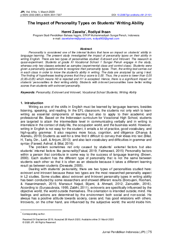 (PDF) The Impact of Personality Types on Students' Writing Ability