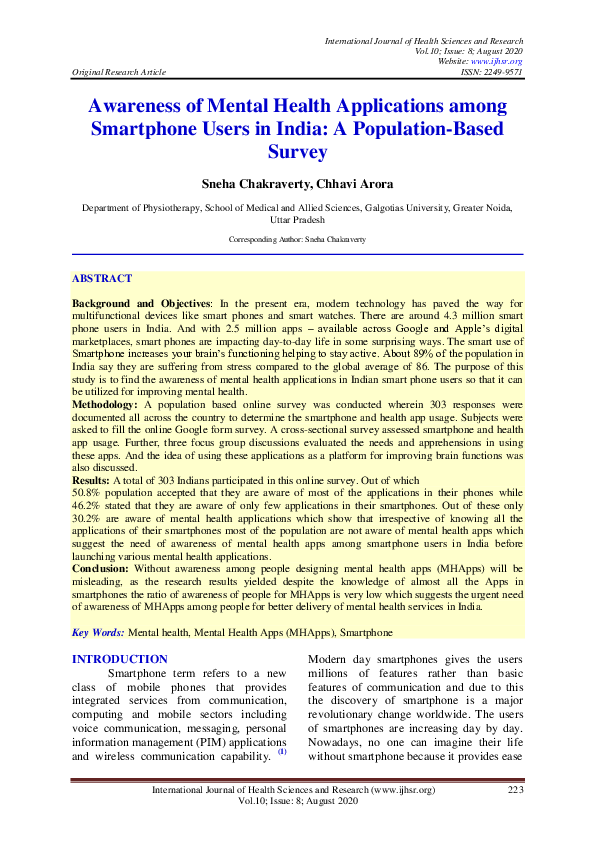 (PDF) Awareness of Mental Health Applications among Smartphone Users in ...