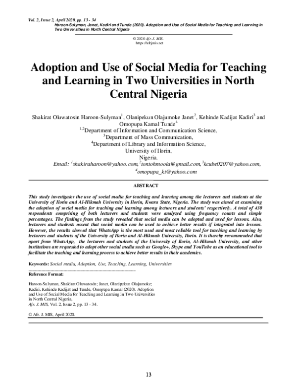 (PDF) Adoption and Use of Social Media for Teaching and Learning in Two ...
