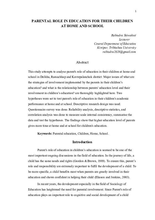 (DOC) PARENTAL ROLE IN EDUCATION FOR THEIR CHILDREN AT HOME AND SCHOOL