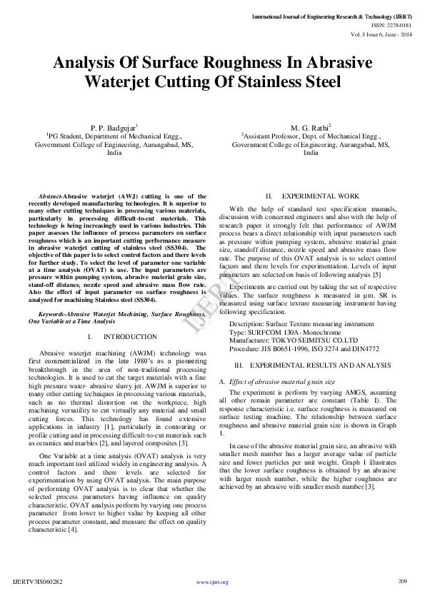 (PDF) IJERTAnalysis Of Surface Roughness In Abrasive Waterjet Cutting Of Stainless Steel