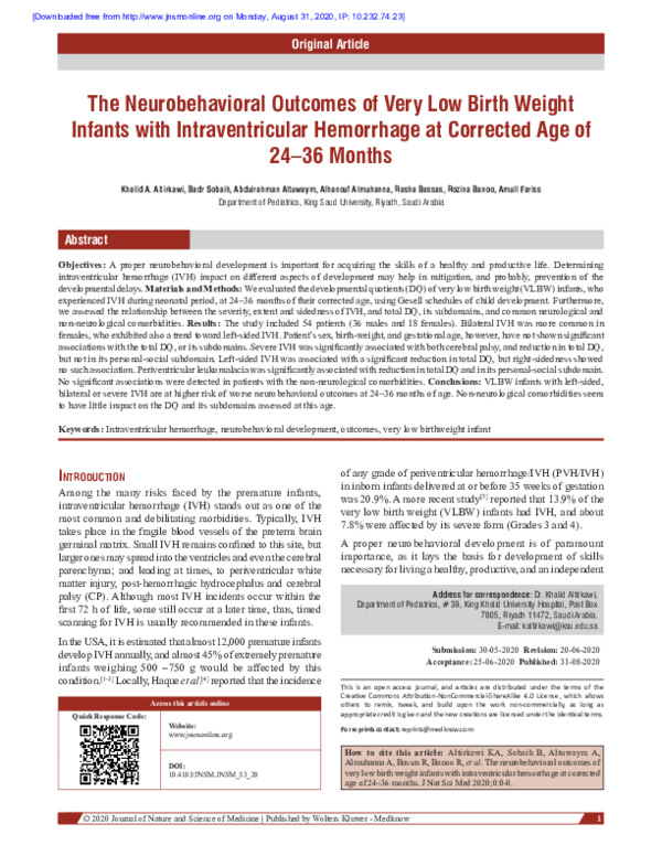 (PDF) The Neurobehavioral Outcomes of Very Low Birth Weight Infants ...