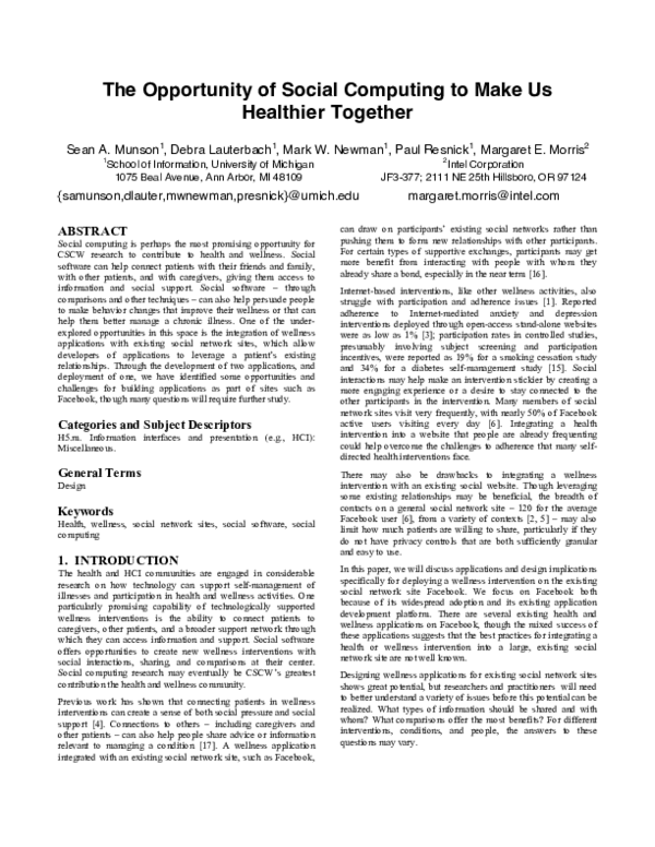 (PDF) The Opportunity of Social Computing to Make Us Healthier Together