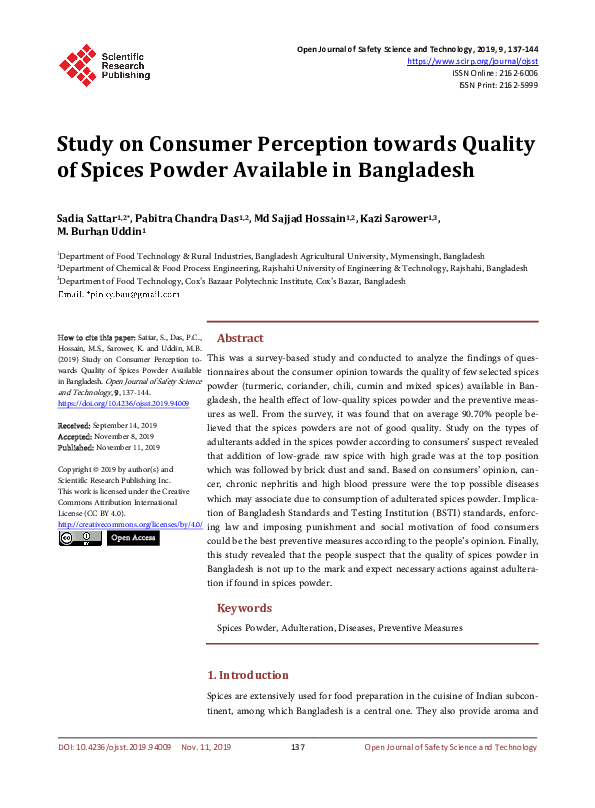 (PDF) Study on Consumer Perception towards Quality of Spices Powder ...