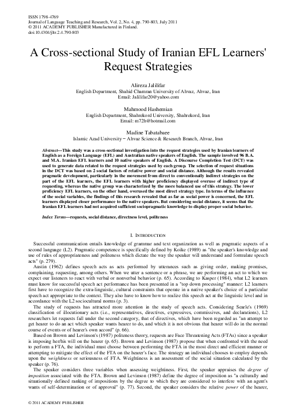 (PDF) A Cross-sectional Study of Iranian EFL Learners' Request Strategies