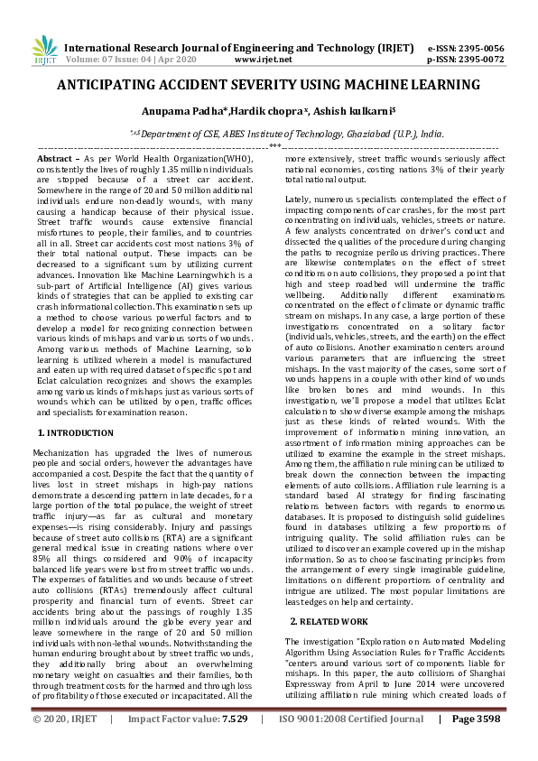 (PDF) IRJET- ANTICIPATING ACCIDENT SEVERITY USING MACHINE LEARNING