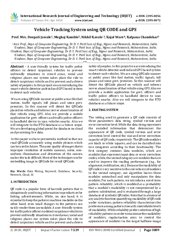 (PDF) IRJET Vehicle Tracking System using QR CODE and GPS IRJET