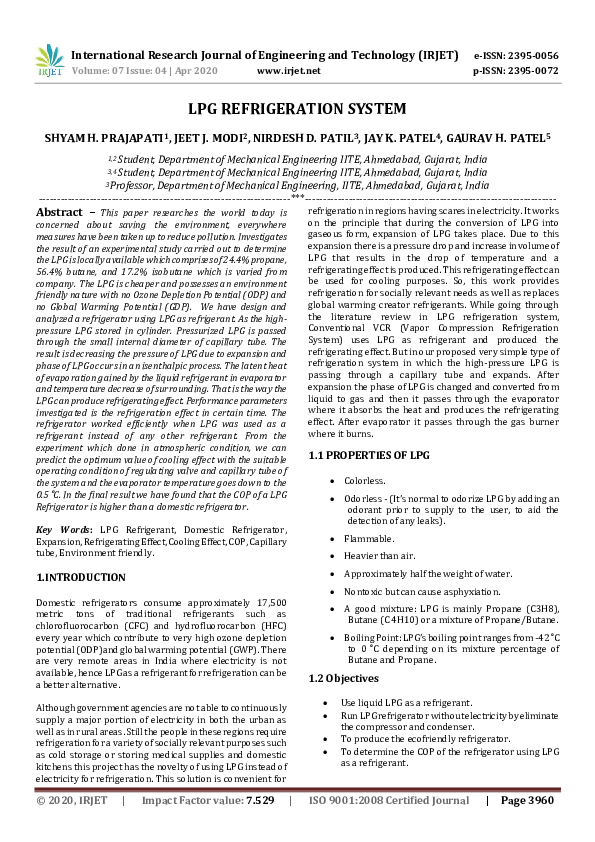 (PDF) IRJET LPG REFRIGERATION SYSTEM IRJET Journal Academia.edu