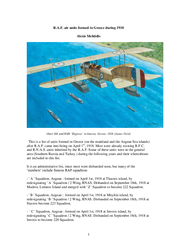 (PDF) Royal Air Force (R.A.F.) air units formed in Greece during 1918